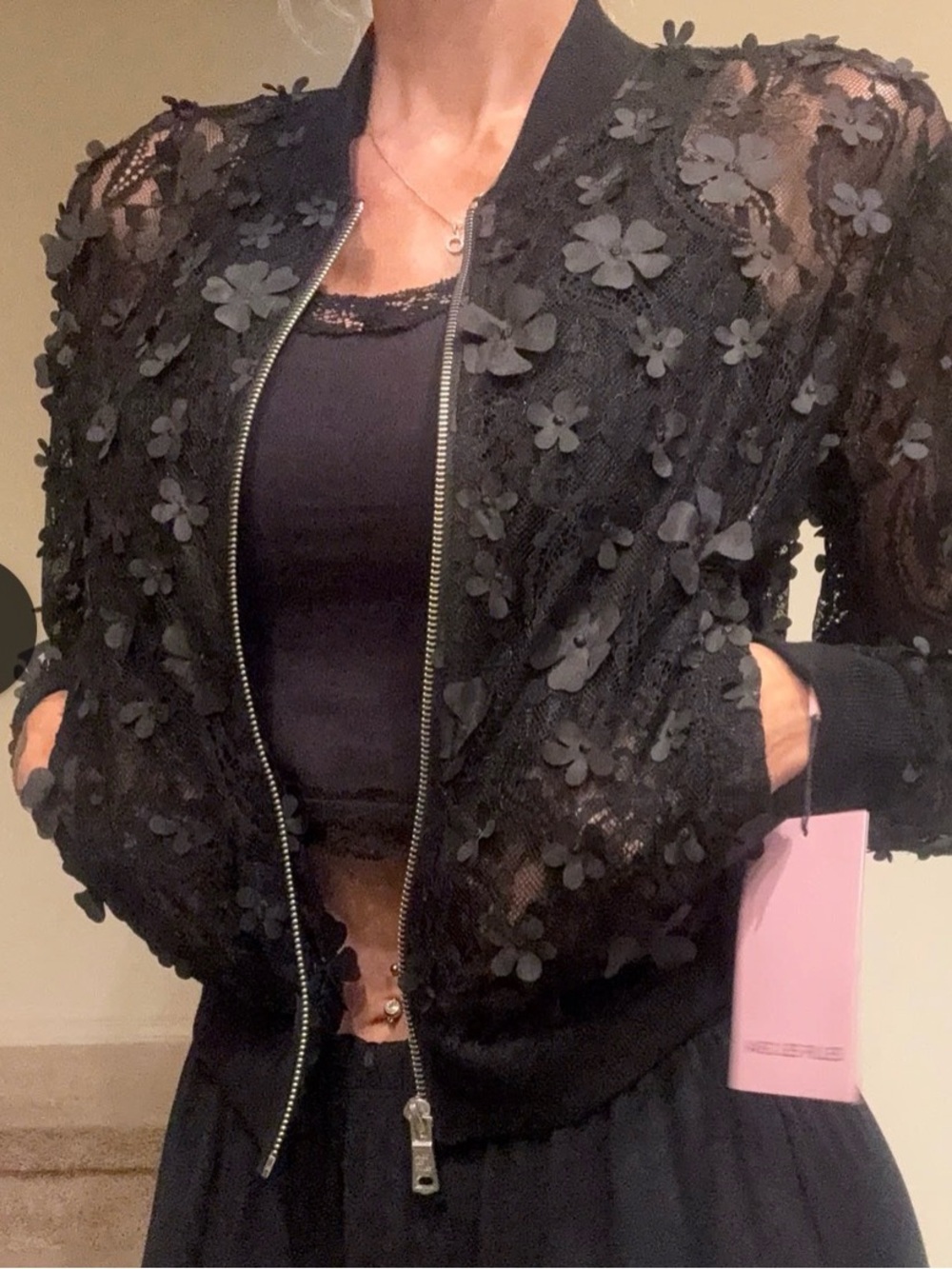 NWT Avec Les Filles Black 3D Floral Appliqué Sheer Bomber Jacket Size M - Picture 3 of 8